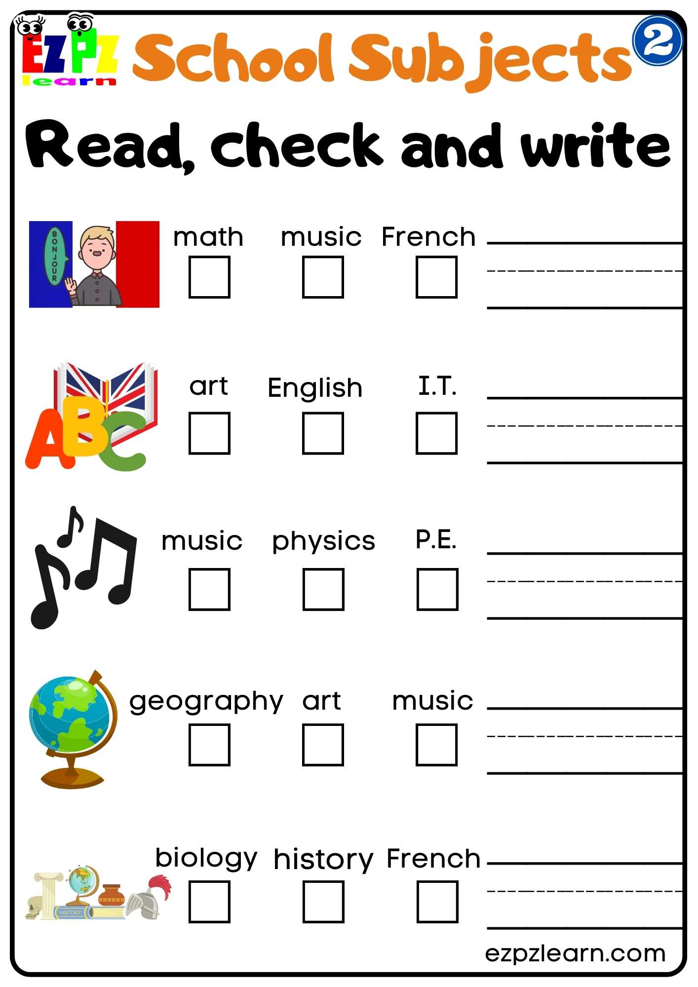 Group2 School Subjects Read Check and Write Worksheet for Homeschool and ESL Students